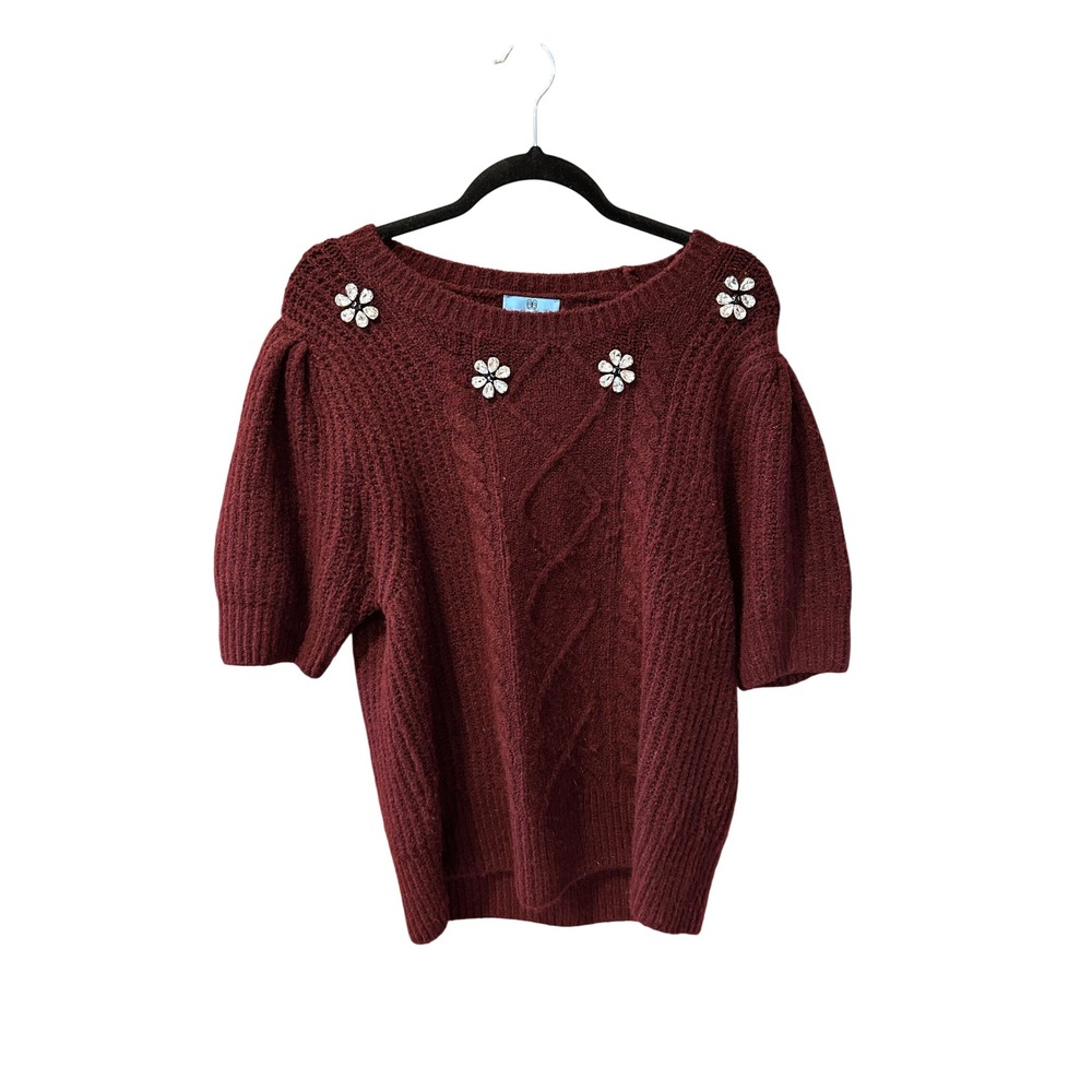 CeCe Womens Burgundy Cable Knit Short Sleeve Rhinestone Flower Sweater Large